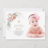 Invitation Rose blanc Dusty Floral Photo Girl Baptême (Devant)