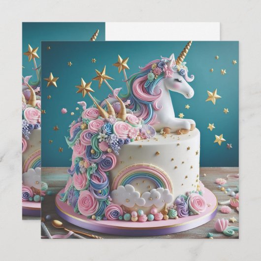 INVITATION ROSE BLANC ET BLEU UNICORN GÂTEAU ANNIVERSAIRE (Devant / Derrière)