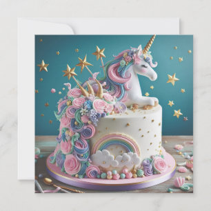 INVITATION ROSE BLANC ET BLEU UNICORN GÂTEAU ANNIVERSAIRE