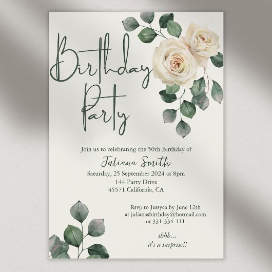 Invitation Rose blanc et vert fête d'anniversaire adulte