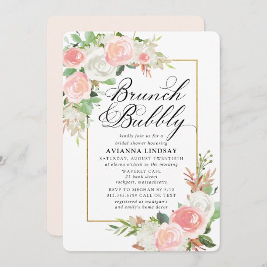 Invitation Rose Blanc Floral Bridal Brunch Bubbly Douche (Devant / Derrière)