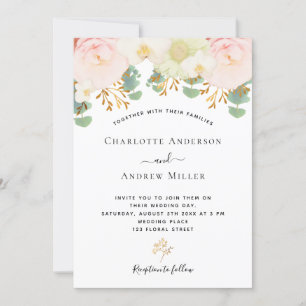 Invitation Rose blanc floral or vert mariage de l'aquarelle
