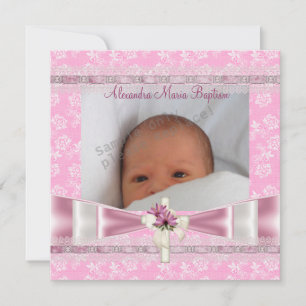 Invitation Rose Blanc Floral Photo Croix Baptême Christening