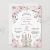 Invitation Rose Blanc Floral Princesse Château Quinceañera XV (Devant)