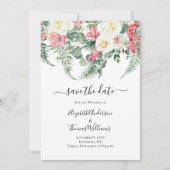 Invitation Rose Blanc Floral Rose verdure Sauvez la date (Devant)