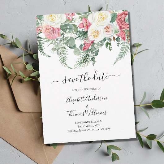 Invitation Rose Blanc Floral Rose verdure Sauvez la date