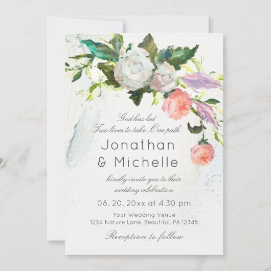 Invitation Rose Blanc Floral vert Mariage chrétien (Devant)