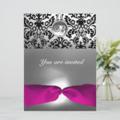 INVITATION ROSE BLANC FUCHSIA DAMAS PIERRE GEMME MONOGRAMME (Debout devant)