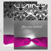 INVITATION ROSE BLANC FUCHSIA DAMAS PIERRE GEMME MONOGRAMME (Devant / Derrière)
