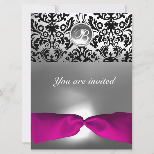 INVITATION ROSE BLANC FUCHSIA DAMAS PIERRE GEMME MONOGRAMME (Devant)