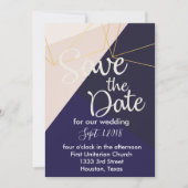 Invitation Rose blanc marine bleu & or geometricsave la date (Devant)