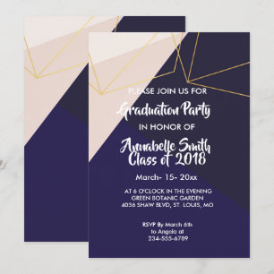 Invitation Rose blanc marine bleu & or géométrique Graduation