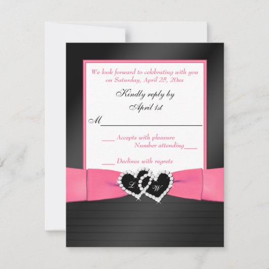 Invitation Rose Blanc Noir FAUX Pleins Coeurs Mariage RSVP 2 (Devant)