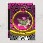 INVITATION ROSE BLANC OR DAMASK STORE BABY SHOWER MONOGRAM (Devant / Derrière)