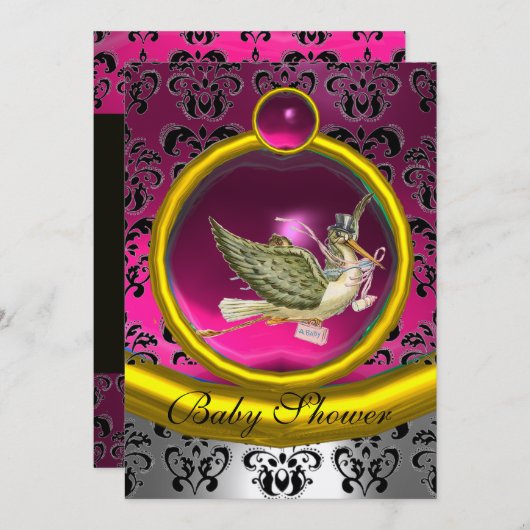 INVITATION ROSE BLANC OR DAMASK STORE BABY SHOWER MONOGRAM (Devant / Derrière)