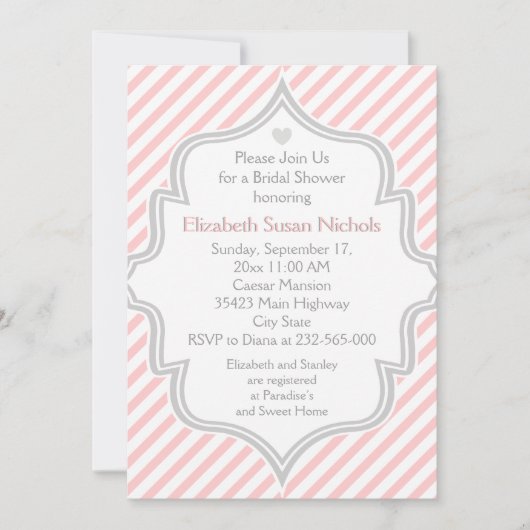 Invitation Rose, blanc, rayures gris mariage douche nuptiale (Devant)