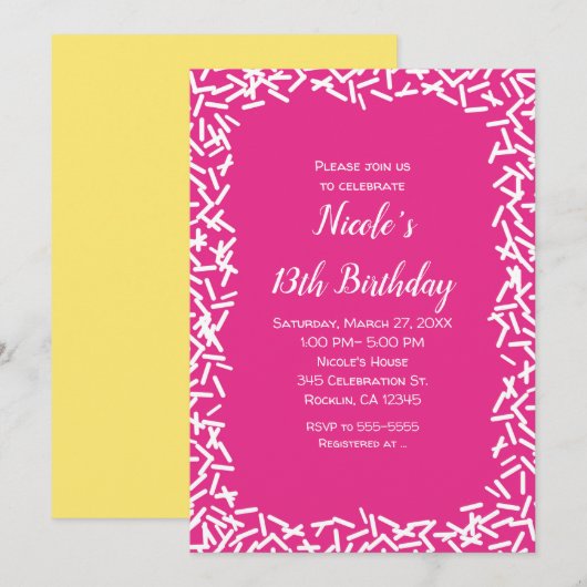 Invitation Rose & Blanc Sautiner Jolie fête d'anniversaire (Devant / Derrière)