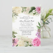 Invitation Rose blanc violet Floral Célébration de la vie (Debout devant)