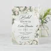 Invitation Rose blanche anglaise vert eucalyptus et or (Debout devant)