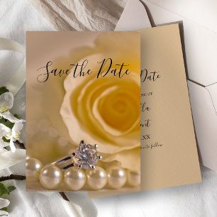 Invitation Rose blanche, anneau et perles mariage Enregistrer