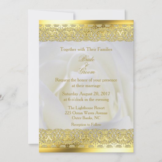 Invitation Rose blanche avec Mariage dentelle or (Devant)