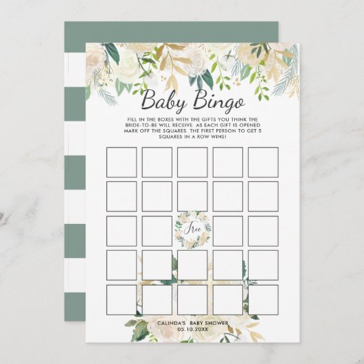 Invitation Rose blanche | Baby shower Jeu de Bingo (Devant / Derrière)