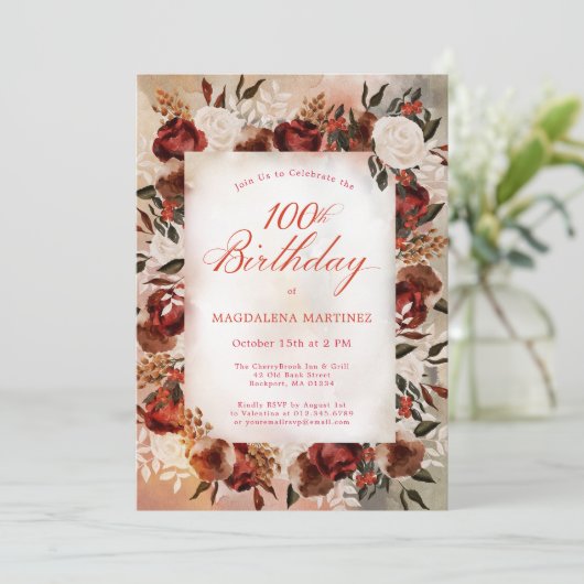 Invitation Rose blanche Bourgogne Chute Florale 100e annivers (Debout devant)