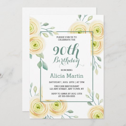 Invitation Rose blanche chic Eucalyptus verdure 90e anniversa (Devant / Derrière)