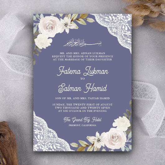 Invitation Rose blanche dentelle mauve mauve QR Code Mariage