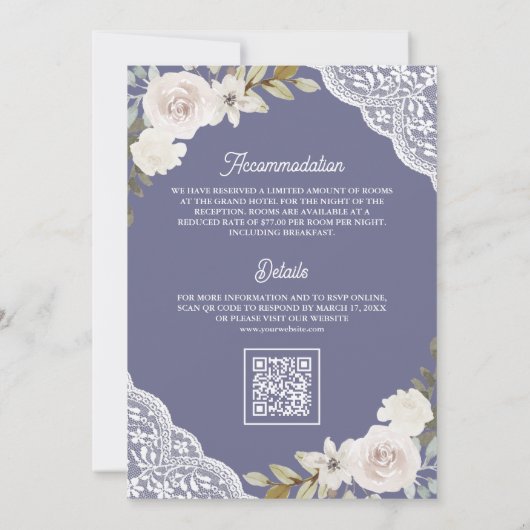 Invitation Rose blanche dentelle mauve mauve QR Code Mariage  (Dos)