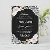 Invitation Rose blanche dentelle noir QR Code Mariage musulma (Debout devant)