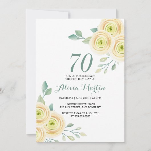 Invitation Rose blanche douce Flora Vert 70e anniversaire (Devant)