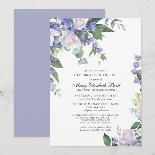 Invitation Rose blanche Dusty bleu Floral Célébration de la v (Devant / Derrière)