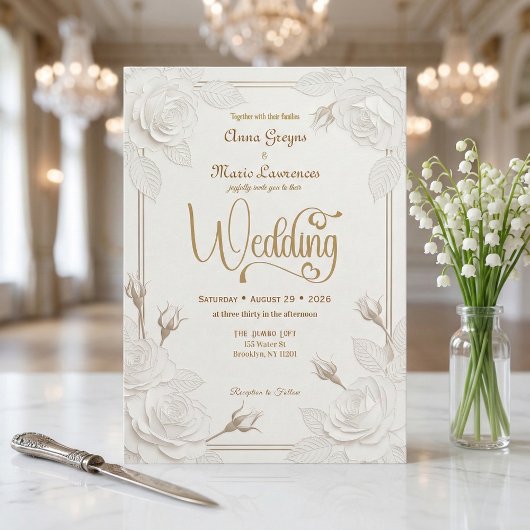 Invitation Rose Blanche Effet Découpe Papier 3D Or Faux Maria