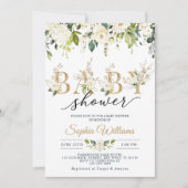 Invitation Rose blanche et Baby shower Eucalyptus or (Devant)