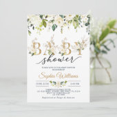 Invitation Rose blanche et Baby shower Eucalyptus or (Debout devant)