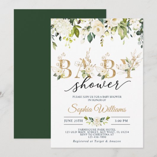 Invitation Rose blanche et Baby shower Eucalyptus or (Devant / Derrière)