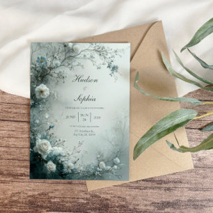Invitation Rose Blanche et Brume Bleue Poussiéreuse Mariage d