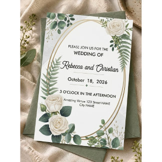Invitation Rose Blanche et Eucalyptus Géométrique Or Mariage