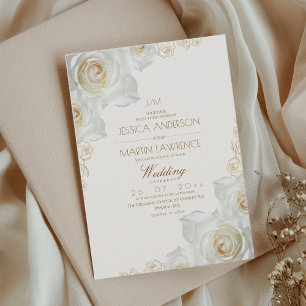 Invitation Rose blanche et fleurs dorées Élégant mariage doux