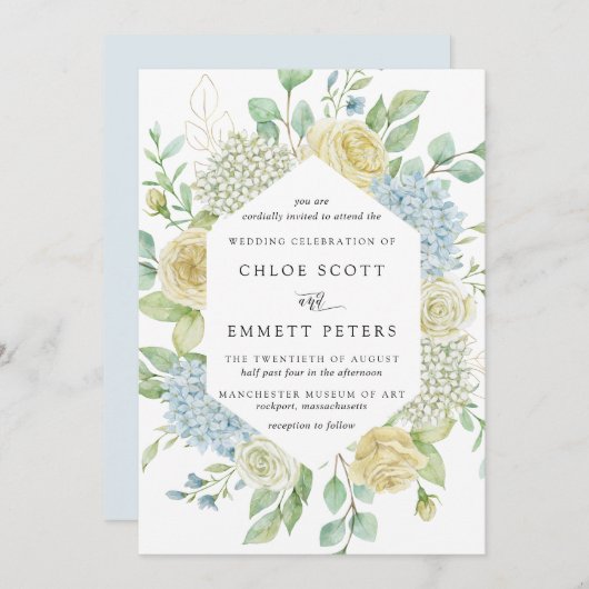 Invitation Rose blanche et Mariage bleu Hydrangea (Devant / Derrière)