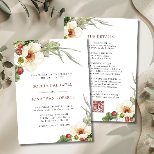 Invitation Rose blanche et Mariage de fraises sauvages
