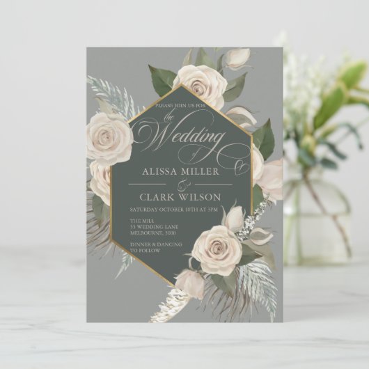 Invitation Rose Blanche Et Mariage Vert Forêt Or (Debout devant)