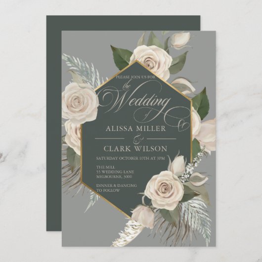 Invitation Rose Blanche Et Mariage Vert Forêt Or (Devant / Derrière)