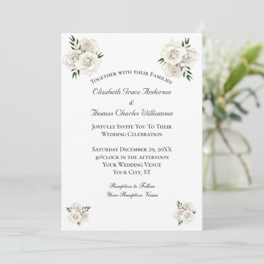 Invitation Rose blanche et or Formal Élégant Mariage classiqu (Debout devant)