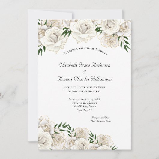 Invitation Rose blanche et or Formal Élégant Mariage classiqu (Devant)