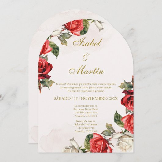 Invitation Rose blanche et rouge Élégant mariage espagnol (Devant / Derrière)