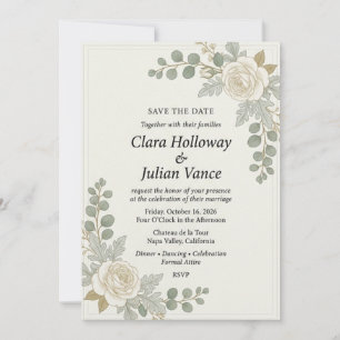Invitation Rose blanche, eucalyptus, dusty miller, cadre de b