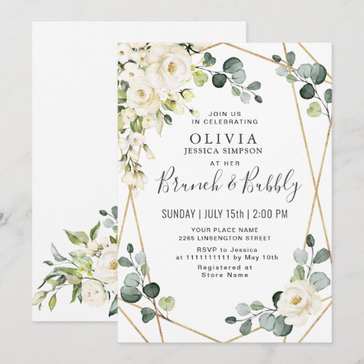 Invitation Rose Blanche Eucalyptus Verdure Brunch & Bubbly (Devant / Derrière)