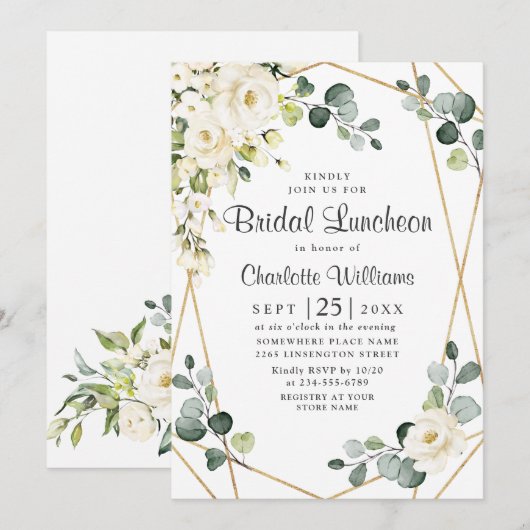Invitation Rose Blanche Eucalyptus Verdure Luncheon de Mariag (Devant / Derrière)